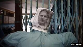 An effigy of Nepalese Prime Minister Baburam Bhattarai is pictured during a protest held by students affiliated to the Nepal Student Union, a student wing of the Nepali Congress Party, demanding the immediate resignation of the Prime minister in Kathmandu May 28, 2012