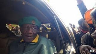Thomas Thabane, leader of All Basotho Convention greets supporters in Maseru