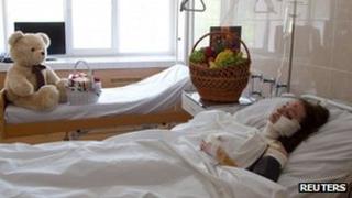 A woman injured during a bomb blast is seen at the hospital in Dnipropetrovsk