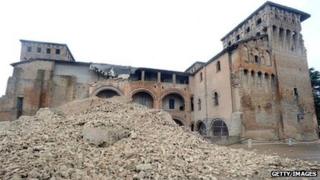 Rubble outside the Castello delle Rocche, Finale Emilia