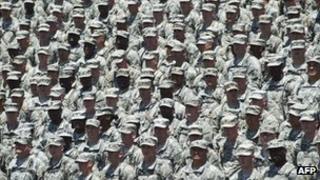 US troops await US President Barack Obama at Fort Stewart in Hinesville, Georgia, 27 April 2012