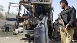 Pakistani police inspect a damaged university bus after it was destroyed by roadside bomb on the outskirts of Quetta on June 18, 2012.
