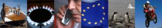 Boat, gas hob, mobile phone, EU flag, penguins, motorbike