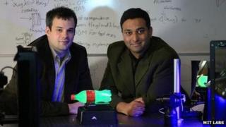 Ramesh Raskar and Andreas Velten pose with a bottle
