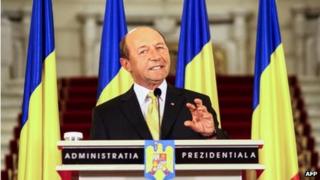 Romanian President Traian Basescu speaking on 3 July