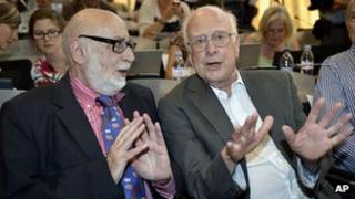 Belgian physicist Francois Englert, left, and British physicist Peter Higgs