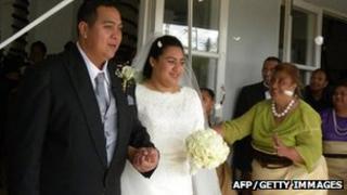 Crown Prince Tupouto'a Ulukalala and his bride Sinaitakala Fakafanua after their marriage (12 July)