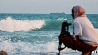 A Somali pirate keeping vigil near Hobyo, in Somalia - Archive shot