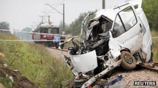 Shot of the minibus wreck