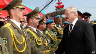 Belarus's President Alexander Lukashenko meets officers during a military parade in Minsk on 3 July
