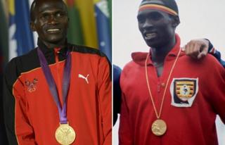 Stephen Kiprotich (left, AFP) wears his gold medal at London 2012; John Akii-Bua (right, Getty) wears gold at Munich in 1972 (composite image)