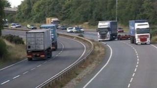 Two lorries and a car crashed near Trimley St Mary