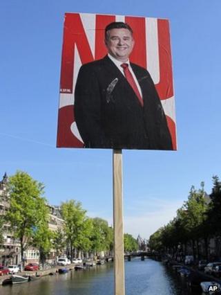 A campaign poster of Socialist Party leader Emile Roemer on display in Amsterdam