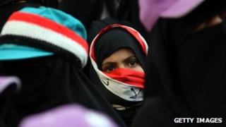 Fully-veiled Yemeni women protest in the streets of Sana'a to put former President Saleh on trial (September 2012)