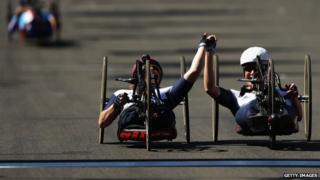 Rachel Morris and Karen Darke head for the finish line hand in hand