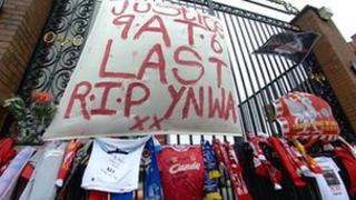 Tributes at the Hillsborough Memorial at Anfield