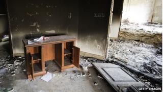 Damage inside the burnt US consulate building in Benghazi following an attack on the building late on September 11 in which the US ambassador to Libya and three other US nationals were killed