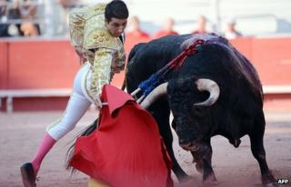 Spanish bullfighter tackles bull in Arles, southern France, 9 Sep 12