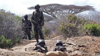 Kenyan Defence Force (KDF) soldiers man their position on the outskirts of the town of Tabda (file photo)