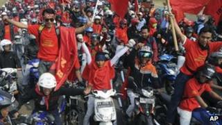 Factory workers protesting in West Java, Indonesia, 3 October 2012