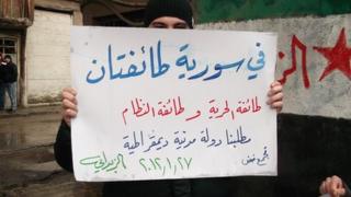Syrian activist holding sign reading "There are two sects in Syria - the sect of freedom and the sect of the regime"