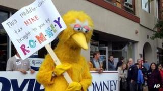 A person dressed up as Big Bird outside the Romney headquarters in New Hampshire on 8 October 2012