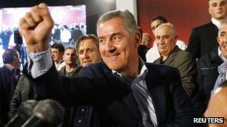 Ruling coalition leader Milo Djukanovic celebrates in Podgorica. Photo: 14 October 2012
