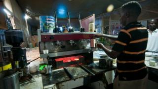 Charcoal powered coffee machine in Mogadishu