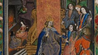 Henry VII receiving the manuscript with a young Henry VIII in the background to the left