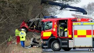 Cars at the scene of an accident on the A614, Nottinghamshire
