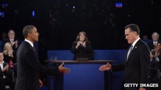 Barack Obama and Mitt Romney at the Hofstra debate 16 October 2012