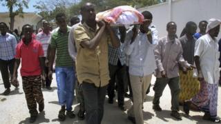 Friends and relatives carry the coffin of Abdisatar Daher Sabriye, a well known journalist with state-run television who died in September 2012 in Mogadishu, Somalia
