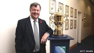 RFU chief executive Ian Ritchie with the Rugby World Cup trophy, currently held by New Zealand