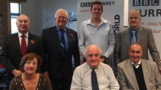 (Left to right from top) Kevin Hurley, Nick O'Shea, BBC Surrey presenter Mark Carter and Robert Evans, with Julie Iles, Peter Williams and Robert Shatwell
