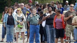 Long lines of voters are seen at the Supervisor of Elections office in West Palm Beach, Florida 5 November 2012