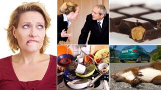 A woman looking guilty about rowing with a colleague, chocolate, not washing up, and killing a squirrel with her car