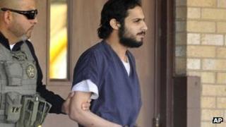 Khalid Ali-Aldawsari, 22, right, is escorted from the federal courthouse in Amarillo, Texas by US Marshals Tuesday 13 November 2012