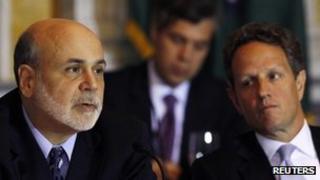 Fed Chairman Ben Bernanke (left) pictured with US Treasury Secretary Timothy Geithner earlier this week