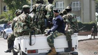 M23 rebels patrol around Goma, in eastern DR Congo, on Monday 26 November 2012