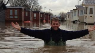 Nic Allen in floodwater at Stratford-upon-Avon Riverside Caravan Park