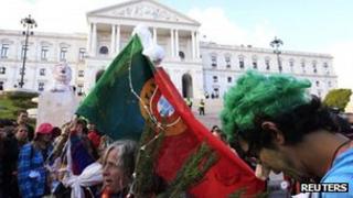 Anti-austerity protesters outside the Portuguese parliament in Lisbon