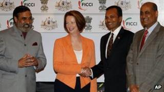 Naveen Jindal (third from the left) with Australian PM Julia Gillard and India's minister for commerce Anand Sharma (far left) in New Delhi on 16/10/12