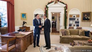 Mitt Romney and Barack Obama in the Oval Office 29 November 2012