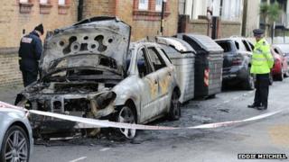 Burnt-out cars in Connaught Road, Hove