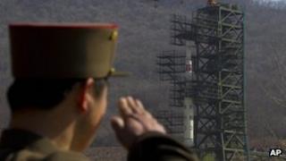 File image from 8 April 2012 of North Korean soldier at the launch site before a previous launch