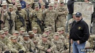 Leon Panetta addresses US troops at Kandahar airbase