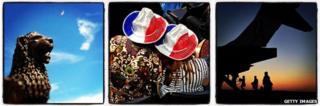 Instagram photos, from left: Venice statue, two people in red, white and blue stetsons, and boarding a plane