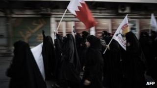 Bahraini Shia Muslim women demonstrate in support of jailed human rights activists and political prisoners in Sanabis village, west of Manama, on 6/1/13
