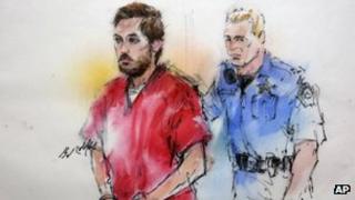 Court sketch of James Holmes as he arrives at a pretrial hearing in Centennial, Colorado 7 January 2012