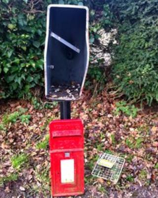 One of the post boxes in Highwood after fireworks were put inside it
